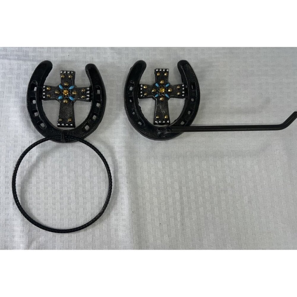 2 PIECE Cross HORSESHOE BATHROOM SET‎ RUSTIC WESTERN DECOR TP Holder Towel Ring
